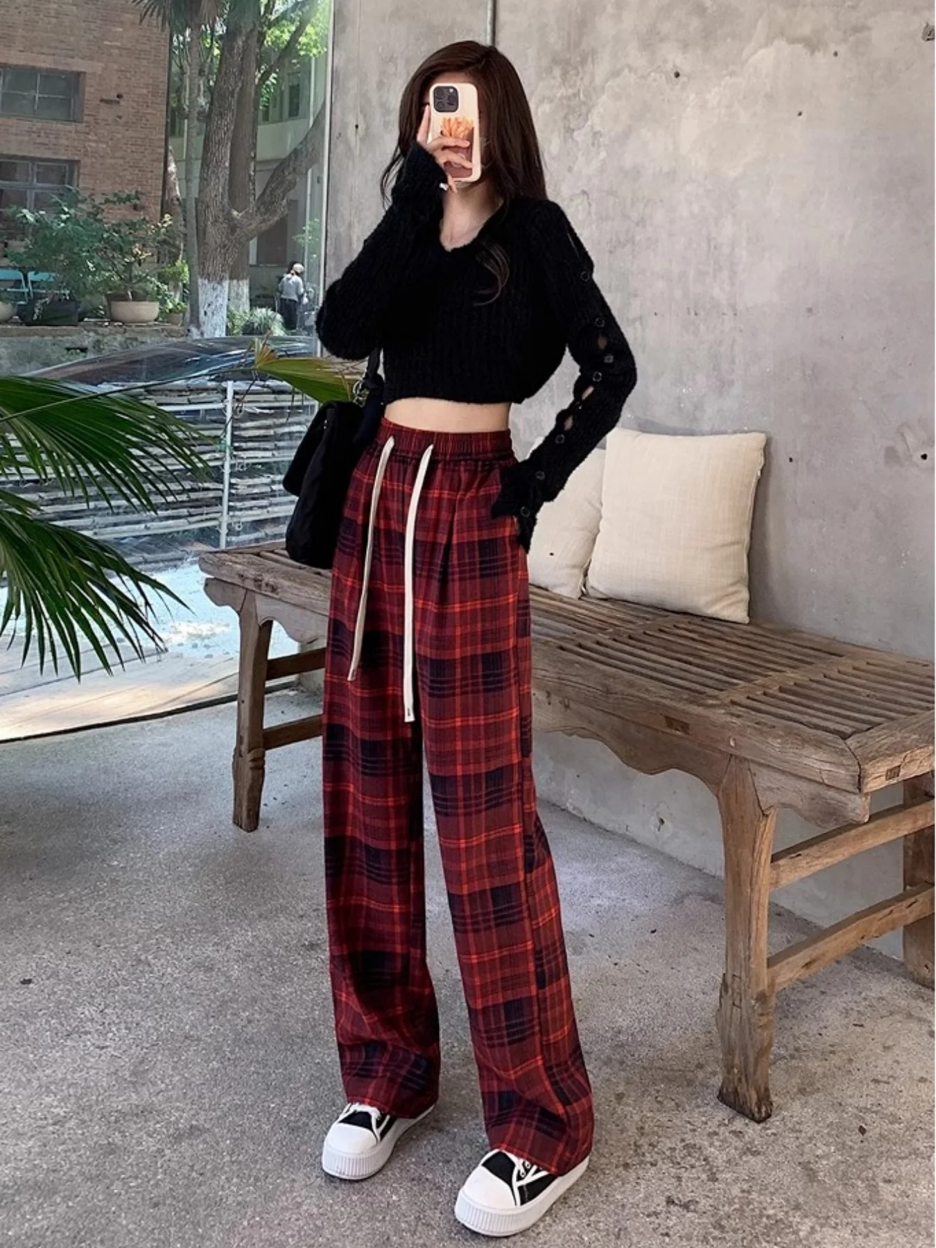 American Retro Color-Block Plaid Sweatpants for Women, New Autumn and Winter Loose Casual Versatile High-Waisted Slimming Wide-Leg Pants for Women