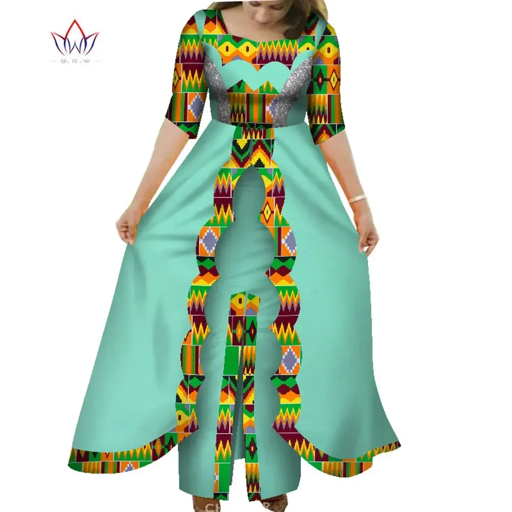 BintaRealWax African Dresses for Women Dashiki O-neck 2 Layers Long Skirt Clothing Pachwork Short Sleeve Party Dress WY7961