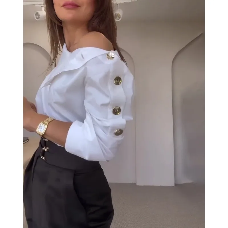One Shoulder Temperament Fitted Shirt High Collar Metal Button Off The Shoulder Women's Shirt Fashionable Top Irregular Shirt