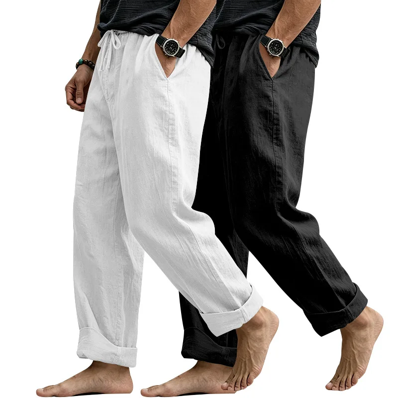 2026 Spring and Autumn European and American Large Size Beach Men's Loose Linen Casual Sports Two-piece Straight Pants Men