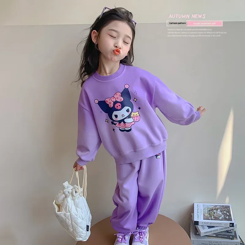 

Anime Sanrio Cartoon Kuromi Print Clothing Sets for Children Girls Sweatshirt + Long Pants 2piece Toddler Kids Festival Gift