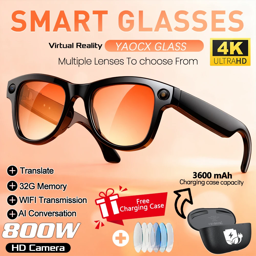 

2026 AI Smart Glasses 32GB WiFi Transfer Bluetooth Call Voice Assistant 4K HD Video 800W Camera Chat GPT 3600mAh Charging Case