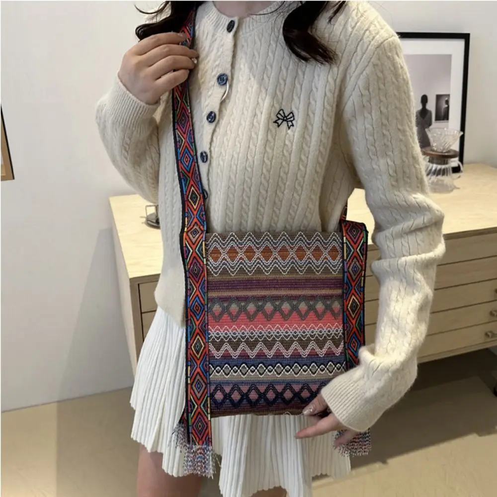 شرابة العرقية نمط حقائب كروسبودي حقيبة من القماش سعة كبيرة هامش حقيبة كتف هندسية حقيبة ساعي حقيبة كتف بوهيمية #2