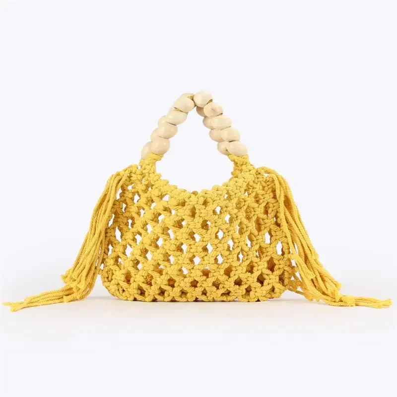 Boho Häkel-Handtasche mit Aushöhlungen und Quasten, Holzperlen-Griff, Gewebte Strandtasche, Sommer-Urlaub Strohtasche, Damen Casual Schultertasche – Detail 21