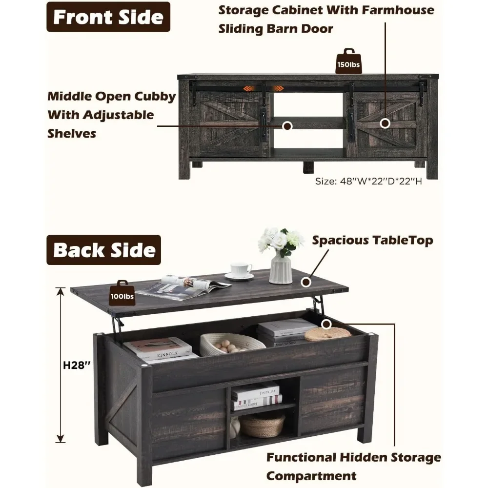 Farmhouse Lift Top Coffee Table com deslizante porta de celeiro, Mesa Centro rústico, compartimento escondido, 48"