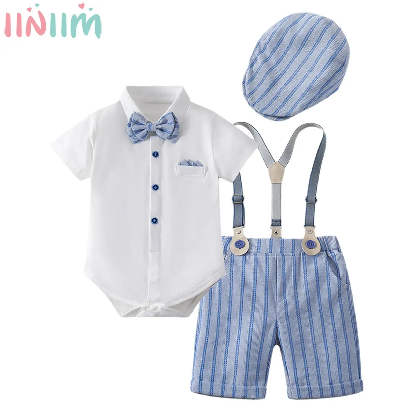 

Infant Boys Christening Gentlemen Suit Short Sleeve Lapel Bow Tie Tops with Suspender Shorts Beret for Birthday Wedding Party