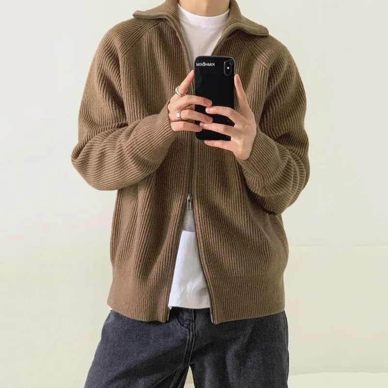 الخريف الشتاء نصف الياقة المدورة مزدوجة سستة سترة الرجال جديد فضفاض كسول نمط سترة مشغولة من الصوف الرجال #1