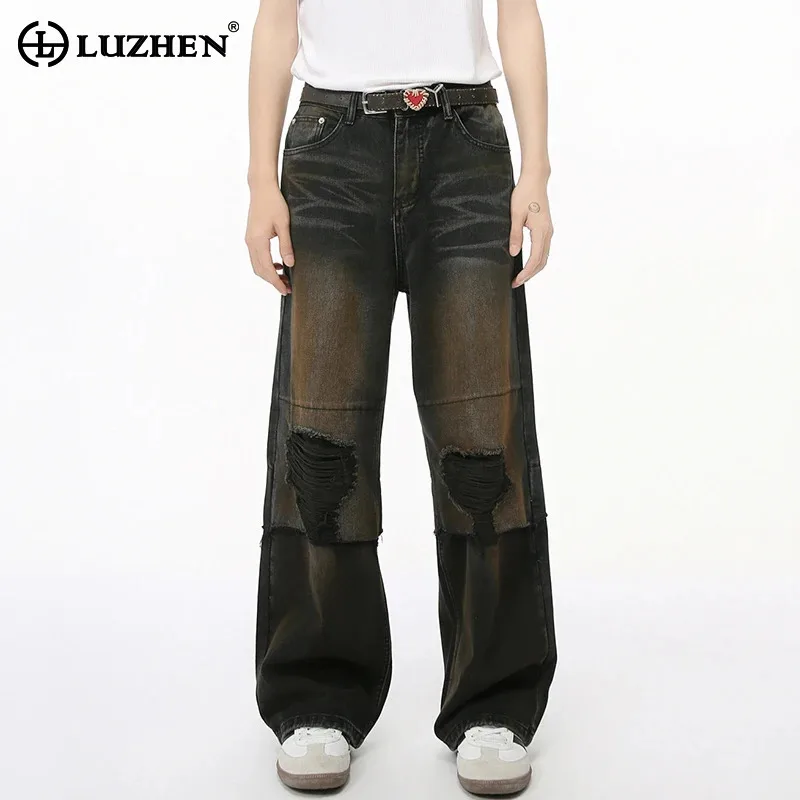 

LUZHEN 2024 Осень Новые полыньи заплатки дизайнерские джинсы винтажные модные американские мужские прямые широкие джинсовые брюки LZ4765