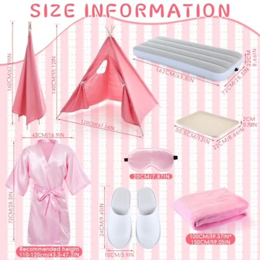 Juego de 4 pijamas para niñas, Kit de tienda tipi, cama inflable, sábana ajustable, bata tipo kimono de satén rosa, parasol, zapatilla, lavado de juegos