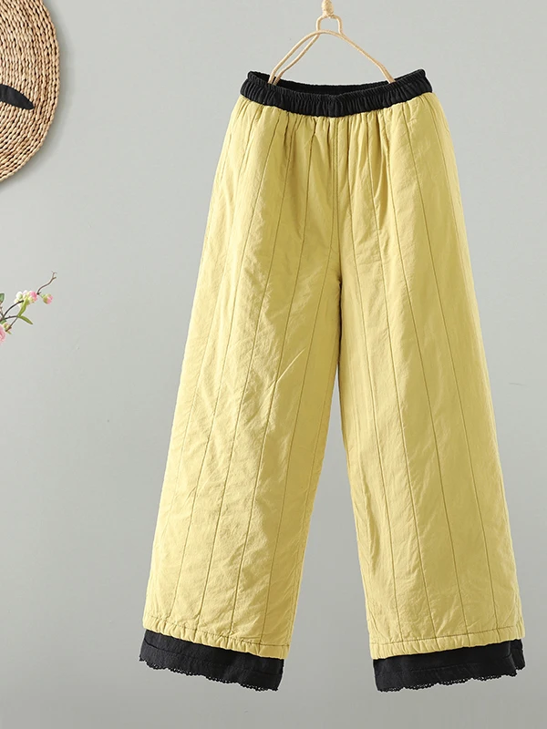 Women's Thiened Linen Pants Winter Straight Leg Slimming High Waist Lace Splicing Versatile Cotton Trousers