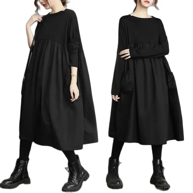 Black Miss Dress Spring Autumn 2024 New Women's Clothing Loose Fat  Female Cover Abdomen High Waist Show Thin Ladies Dress