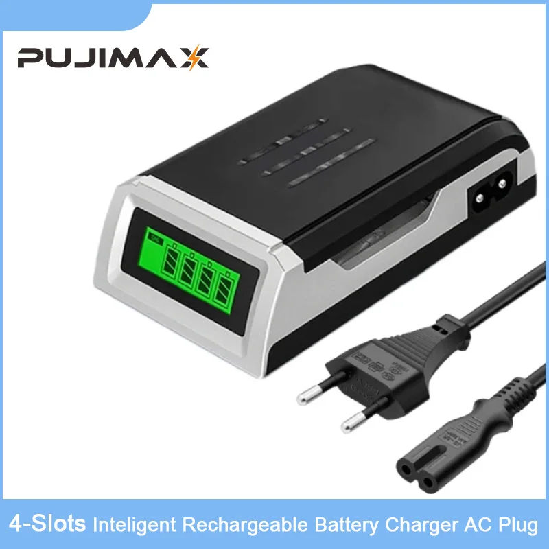 PUJIMAX AA/AAA Smart Battery Charger With Charging Cable LCD Display For 1.2V Ni-MH Ni-Cd Rechargeable Batteries 4-Slot Charger