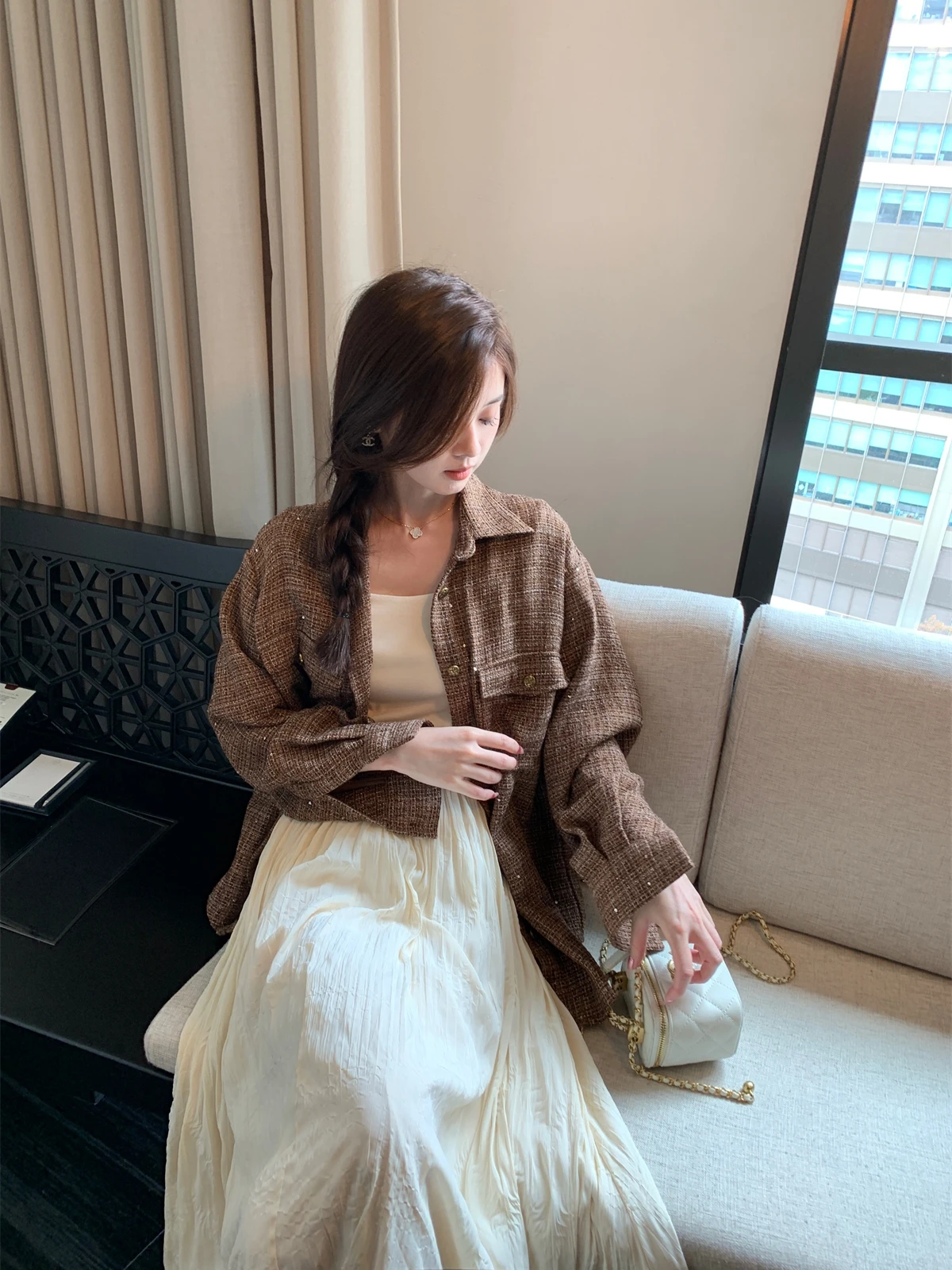 

Early Autumn Thin Tweed Outerwear irt Jaet Women's Small Fraance Sle Loose Fit Lightweight Luxury Faion