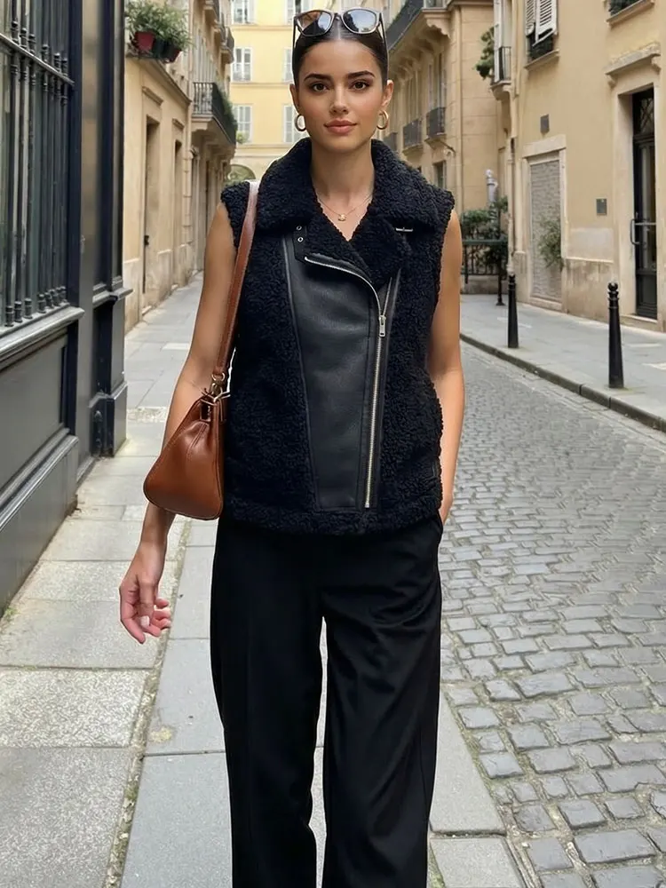 HH Frauen Elegante Mode Faux Pelz Leder Jacke Ärmellose Revers Zipper Weste Weibliche Vintage Dame Motorrad Weste Chic Weste