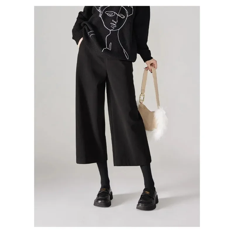 Korean Office Lady Wide Leg Pant Flare Thick Woolen Ankle Length Straight Loose Pants Women Autumn Winter Trousers Female Casual