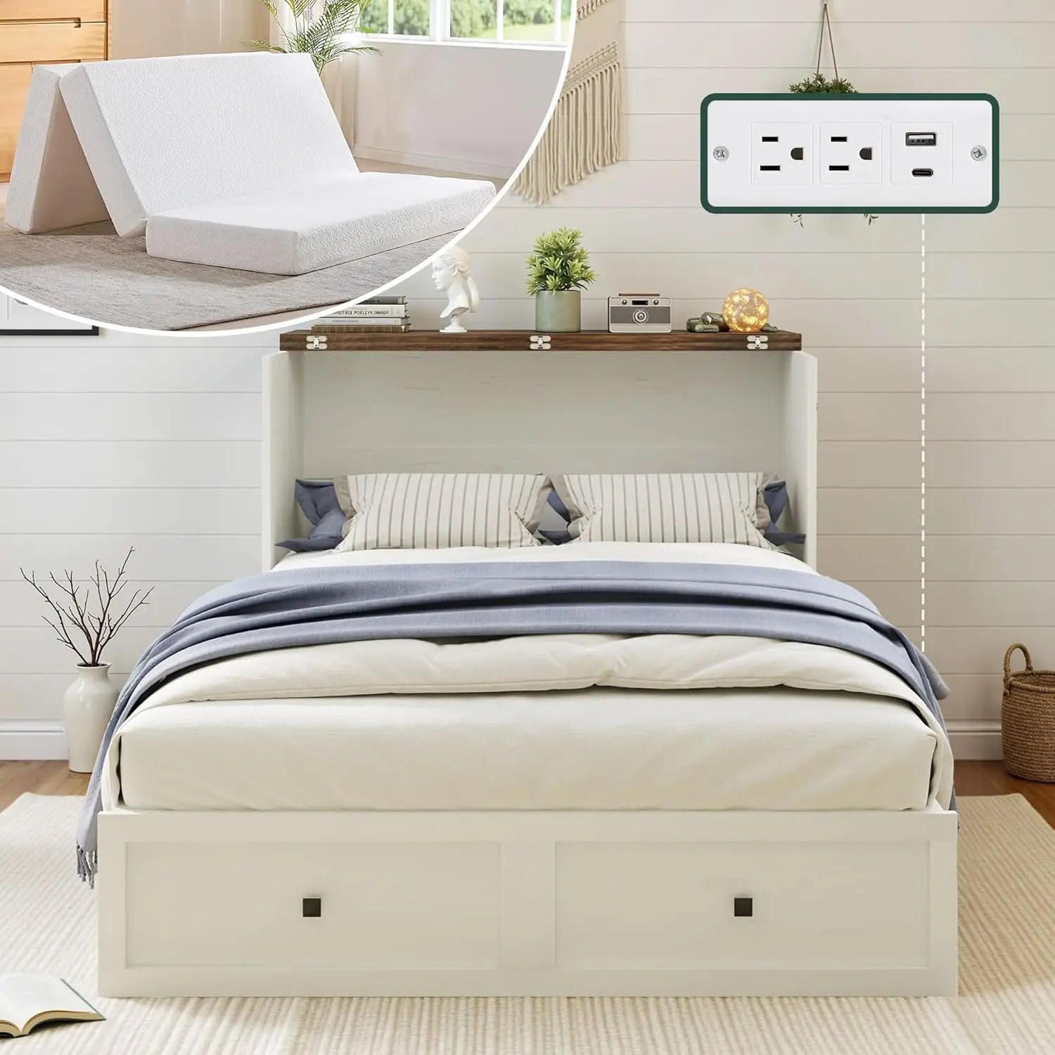 

LUXOAK Queen Murphy Bed with 6" Tri-Fold Memory Foam Mattress, Storage Drawer & Charging Station, Space-Saving Design for Home O