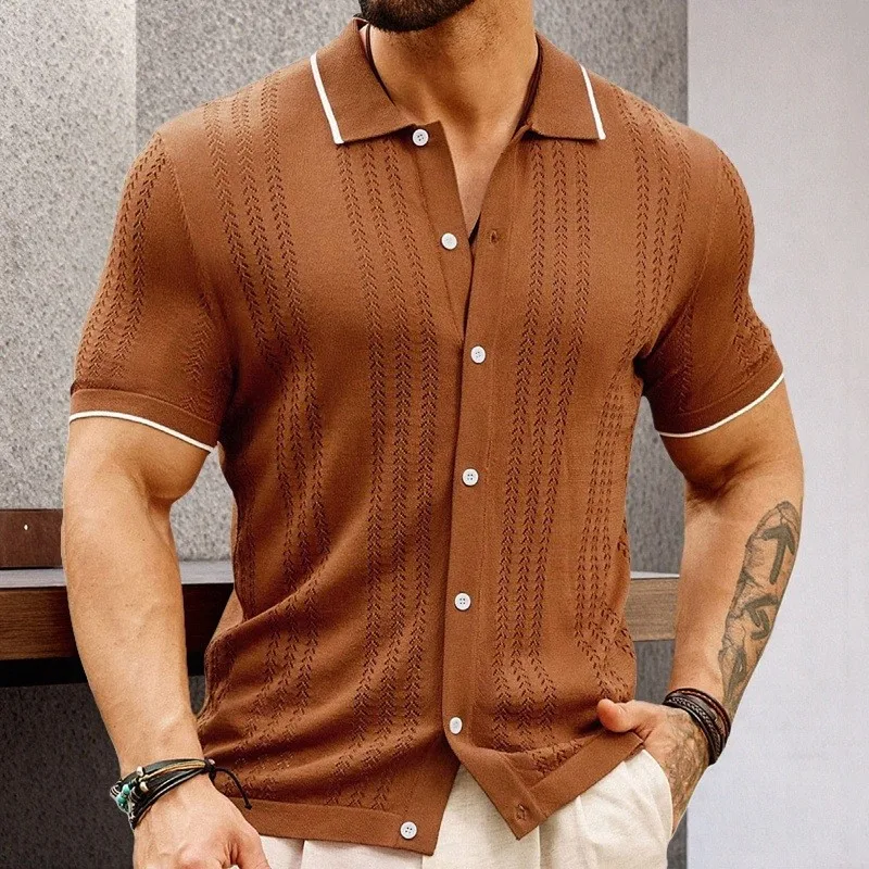 

Summer Men's Knitted Polo Shirt Short Sleeve Light Luxury Business Cardigan Tops Trendy Hollowed-out Breathable Premium Knitwear