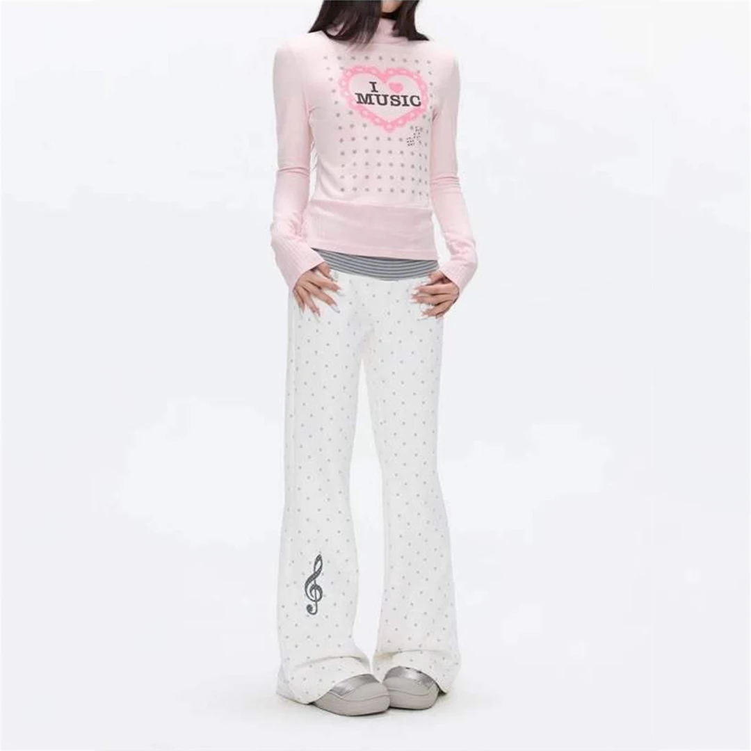 Women's Y2K Rhinestone Music Note Flare Pants & Long Sleeve Top Set, Coquette 2-Piece Outfit