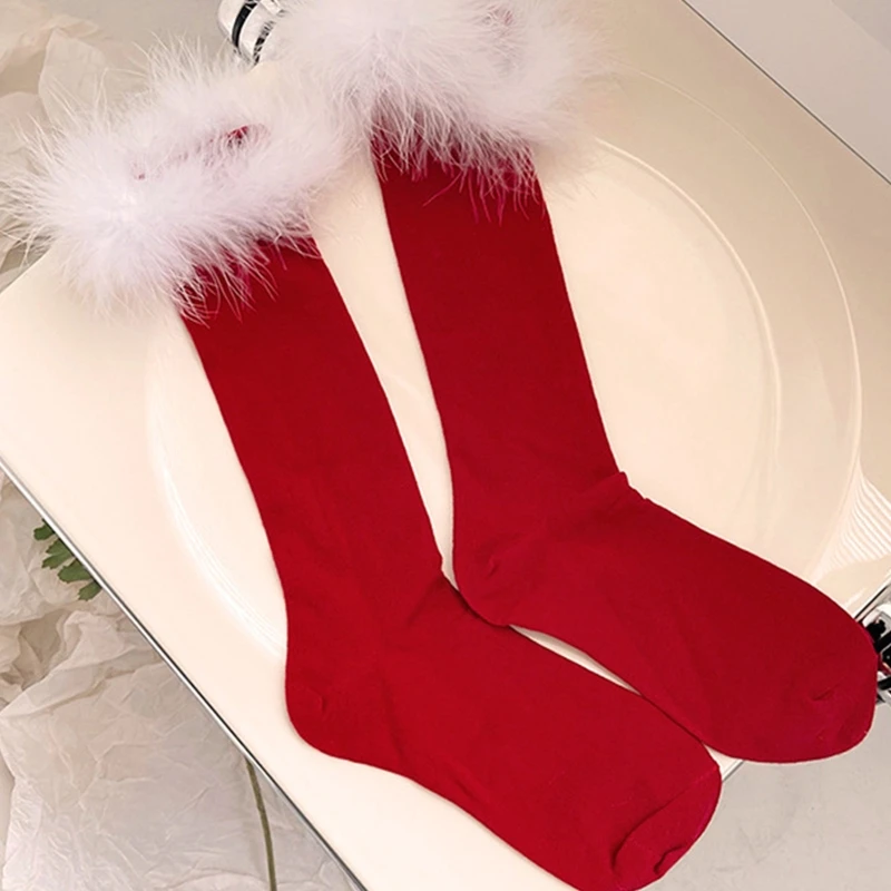 Women Christmas New Year Cotton Red Knee High Socks with Faux Fur Trim Holiday Festival Party Tube Drop Shipping