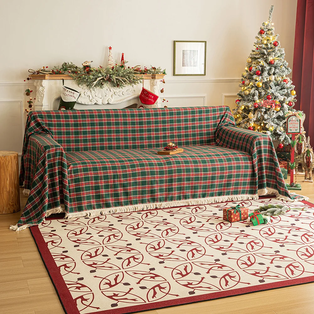 New Christmas plaid sofa towel American retro multi-purpose blanket anti-slip full cover B&B sofa cover cover cloth towel