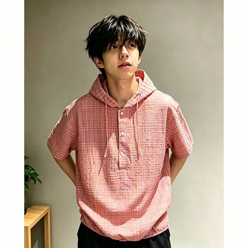 Men Summer T-shirts Dopamine Seersucker Yarn Plaid Man Short Sleeve Hoodie Shirt Fake Two Piece Hooded T-Shirt Male Tshirts T04