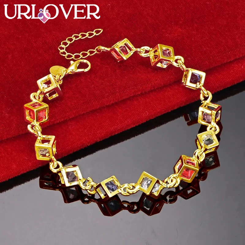 

URLOVER 24K Gold Bracelet For Woman Colored Zircon Crystal Lattice Chain Bracelets Fashion Party Wedding Engagement Jewelry Gift