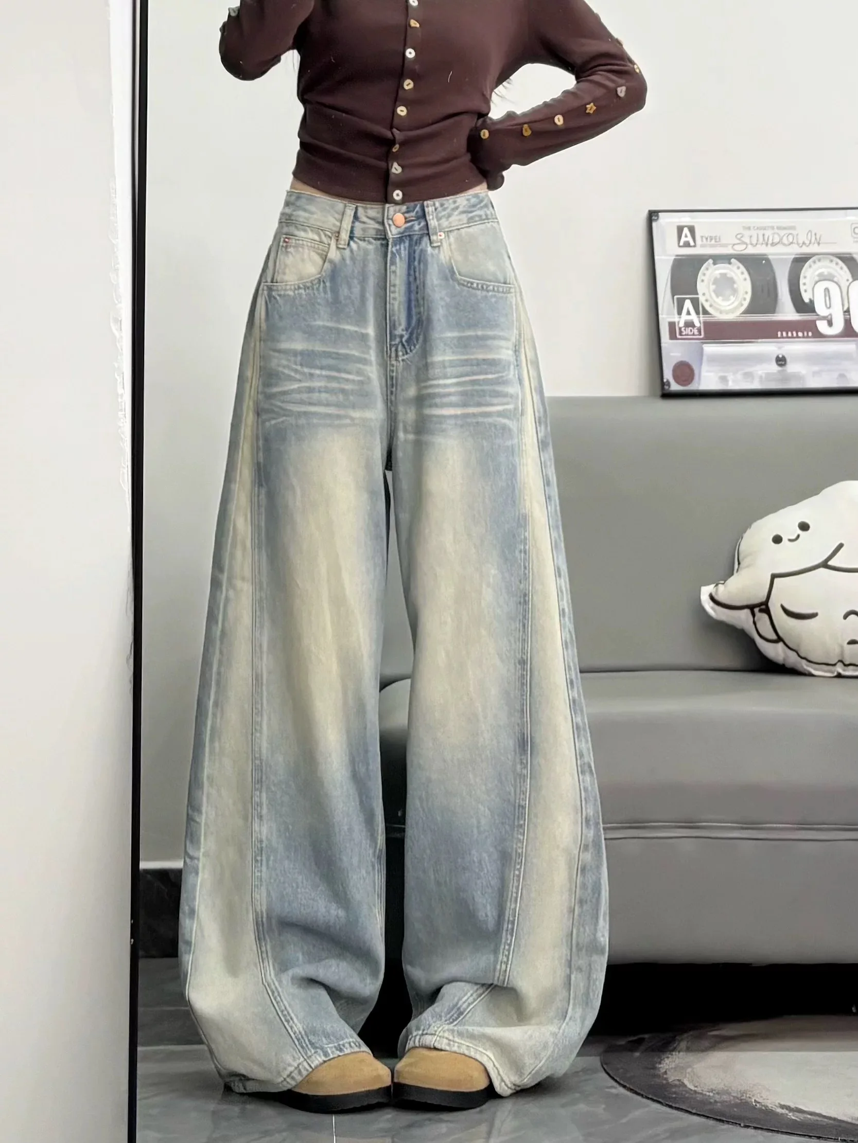 

Y2K широкие джинсы женские американские ретро стираные прямые свободные брюки длиной до пола осень