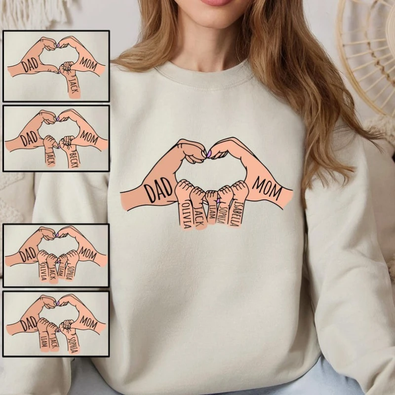 Personalized Family Hands Sweatshirt: Custom Names Parent-Child Matching Shirt Casual Fashion Long Winter Clothes Women Mom Gift