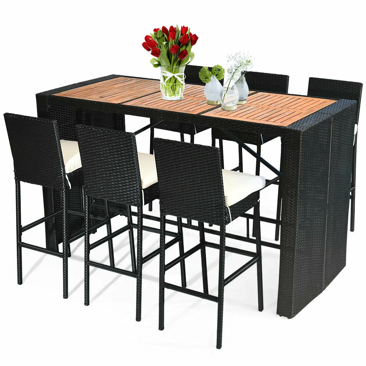 

7 PCS Patio Rattan Wicker Bar Dining Furniture Set wood Table Top 6 Stools