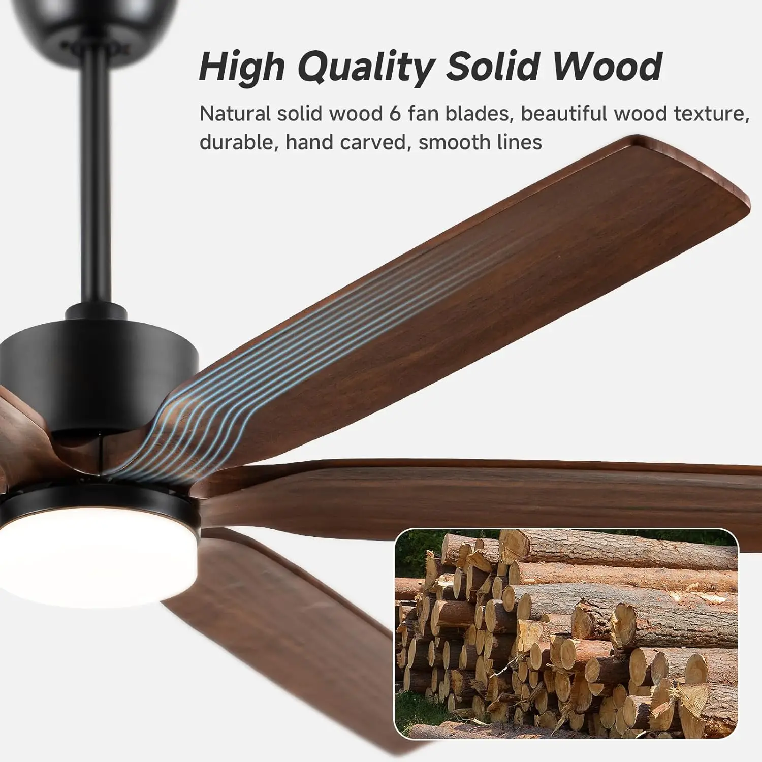 Outdoor Ceiling Fans with Lights and Remote, 6 Blade Solid Wood Ceiling Fan Large Farmhouse Ceiling Fan