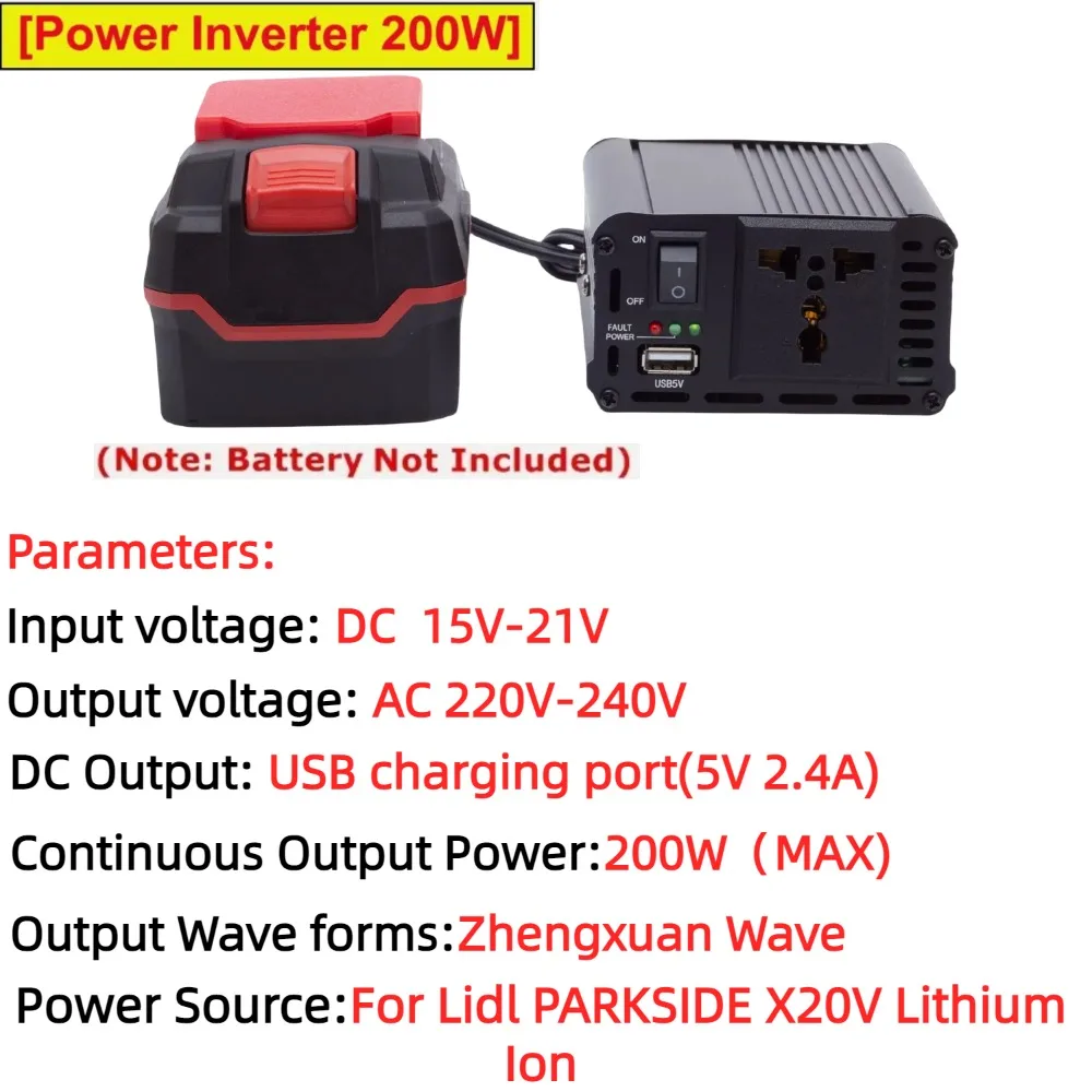 Onduleur portable pour batterie, 200W, pour PARKSIDE X20V, DC 18V à AC 220V 62, avec USB 5V 2.4A, pour UK EU AU (sans batterie)