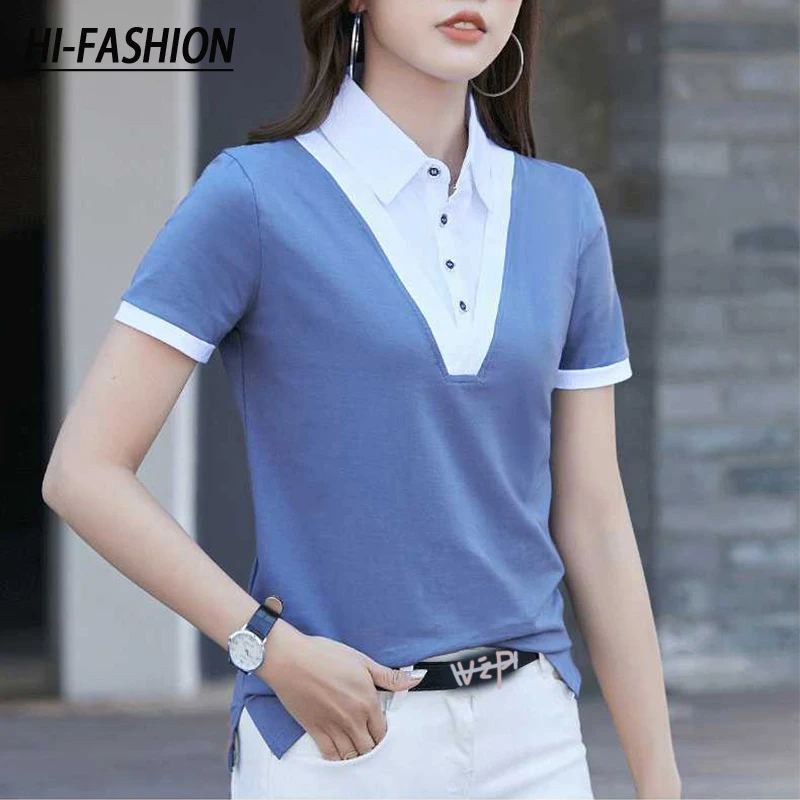 HI-FASHION Women Lapel Buttons T-Shirt Korean Loose Vintage Female tshirt Woman Summer Cotton Fake Two Peice Plus Size Shirt