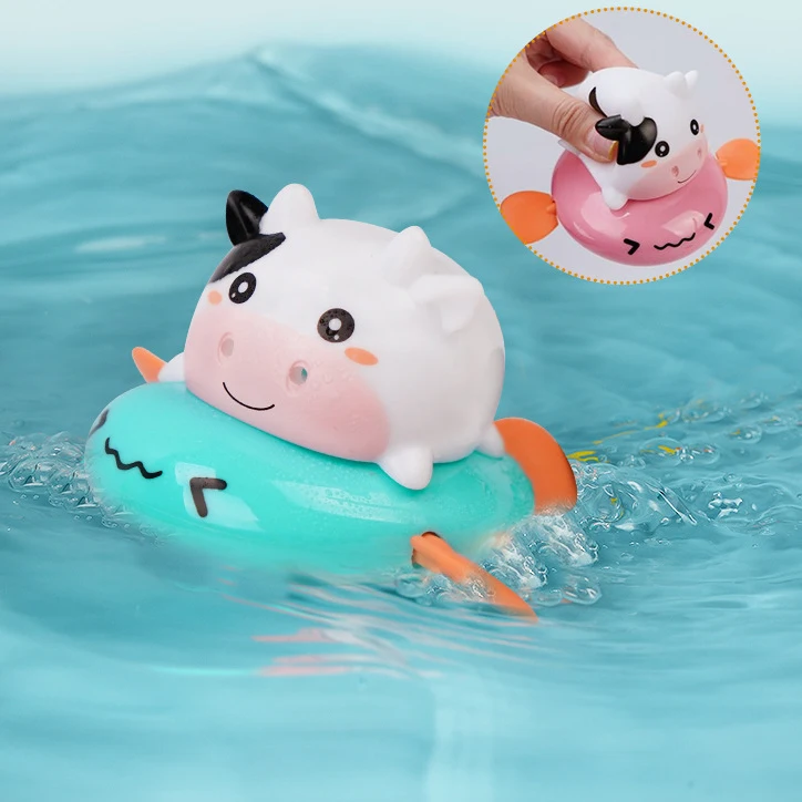 1PCS Cute Cartoon Animal  Pull The Bath Toy Cow Baby Water Toy Baby Swimming Calf Windup Children Beach Bath Bathroom Toys