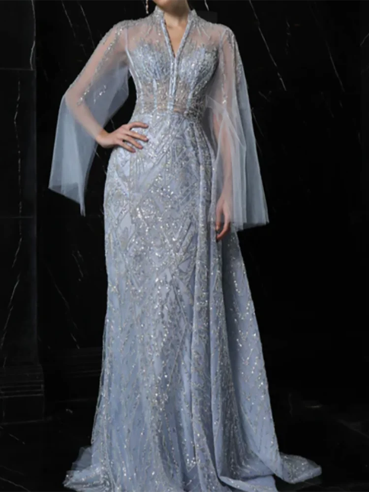 

Элегантные прямые вечерние платья с v-образным вырезом и блестками, с длинными рукавами, вечерние платья для дня рождения, выпускного вечера по индивидуальному заказу