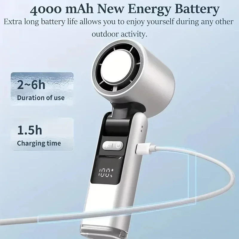 Turbos a 100 livelli Ventola fredda con sensazione di ghiaccio freddo Super Mini Turbos Speed Fan, 4000 mAh alimentata tramite USB con display digitale