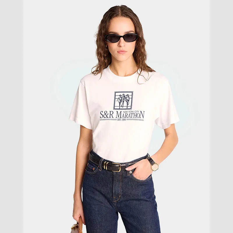 

25 Years of Summer New North American Niche Portrait Running Letter Printing Cotton Women's Sports Short-sleeved T-shirt
