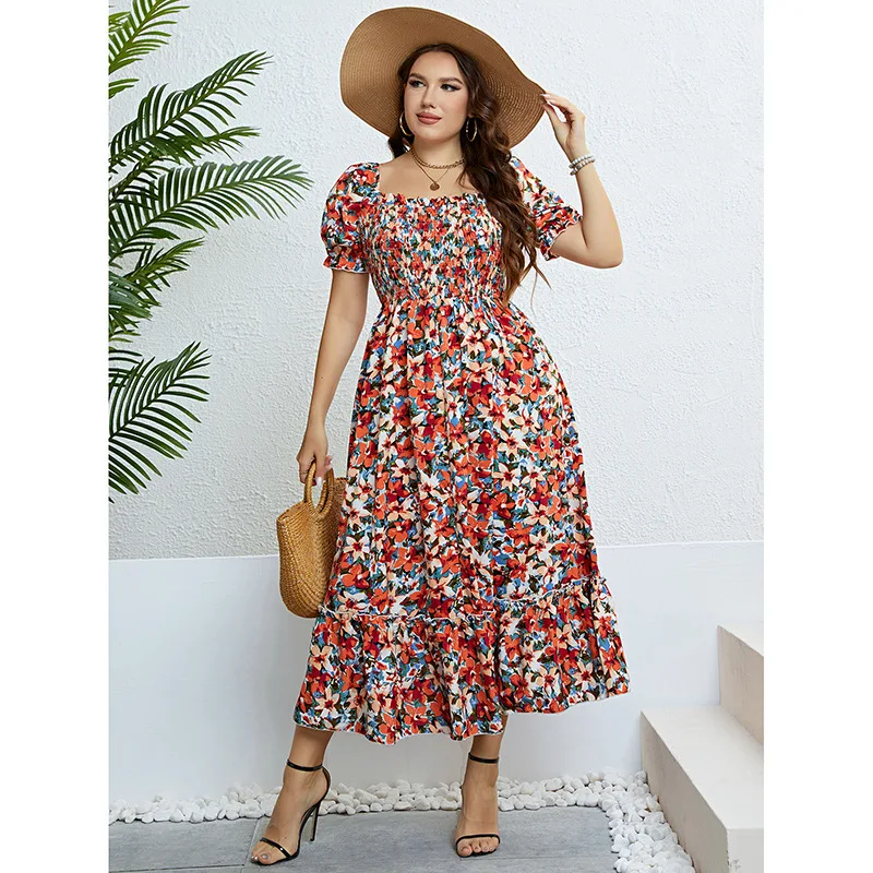 Vestidos florales hasta el tobillo para mujer, vestido acampanado con cuello oblicuo, mangas cortas, cintura cincha, Y2k, informal, para oficina, verano 2025