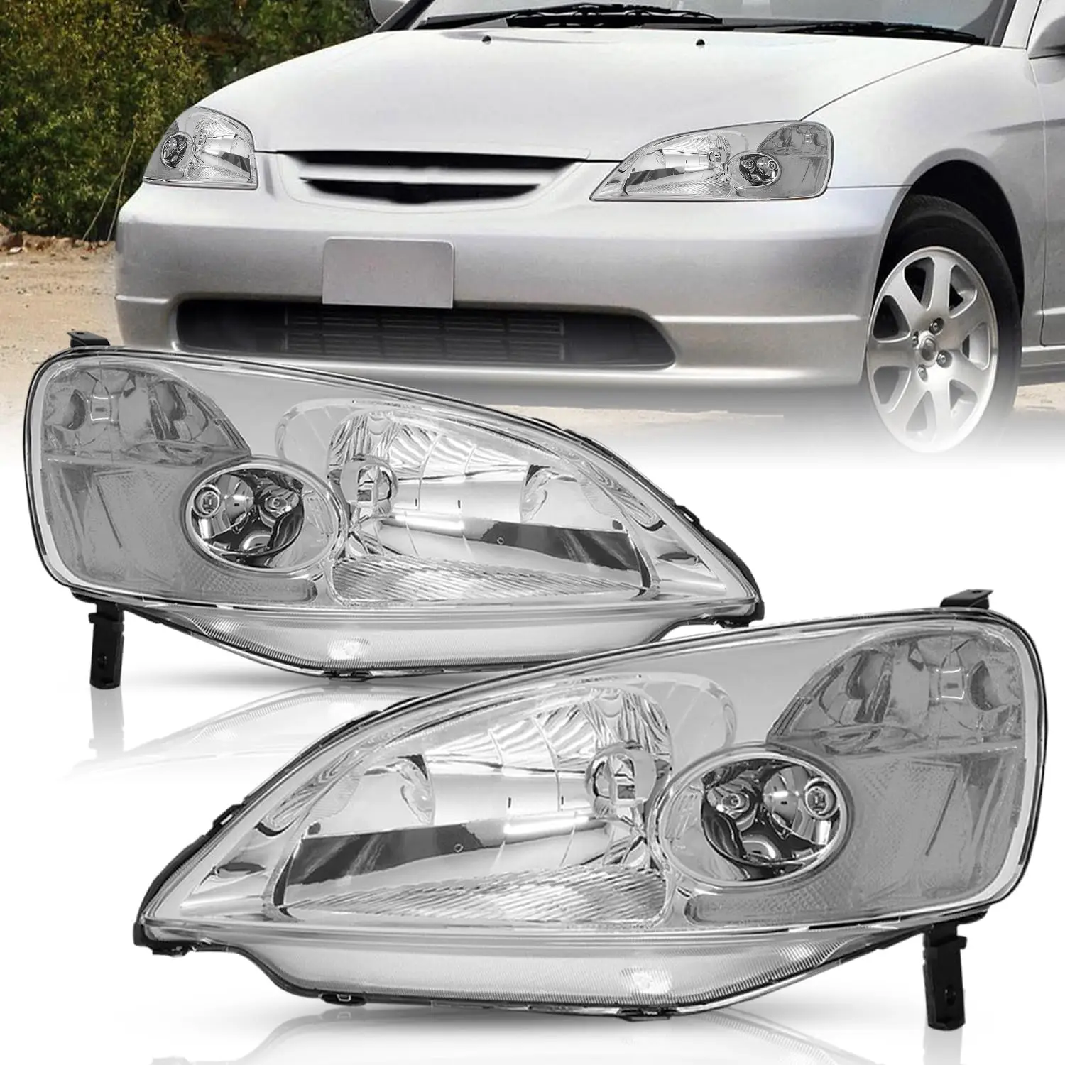 

Фара в сборе, совместимая с Honda Civic 2001 2002 2003, левая сторона водителя и справа пассажира (хромированный корпус с прозрачным Re