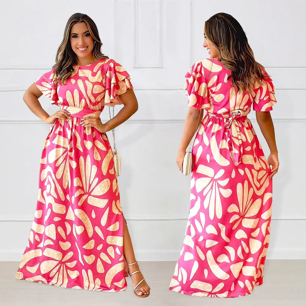

Dress Women Long Dresses A Line Vestidos Streetwear Maxi Ruffles Short Sleeve Elegant Floral Y2k Print Casual Summer Beach