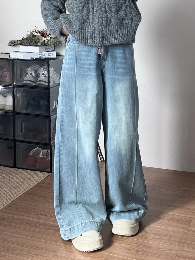 

plus Size American Retro Denim Jeans Women's Spring Pear Body Shape Fat Mm Slim Loose Straight Leg Wide Leg Floor Length Pants