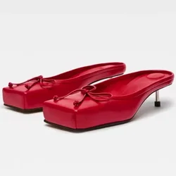 New Designer Mule Pumps Women Brand Square Toe Sandals Women Bow Sexy Party Dress Shoes Elegant Luxury High Heels Slippers Women