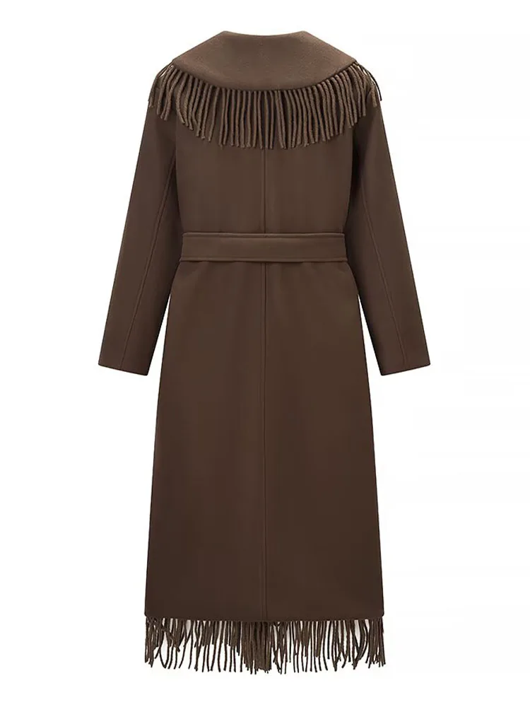 เสื้อโค้ทขนสัตว์สไตล์เรโทรแฟชั่นใหม่สำหรับผู้หญิง ดีไซน์อเนกประสงค์ แต่งพู่ พร้อมเข็มขัดและกระเป๋า แขนยาว สไตล์ลำลอง เหมาะกับสาวๆที่ชอบความมีสไตล์