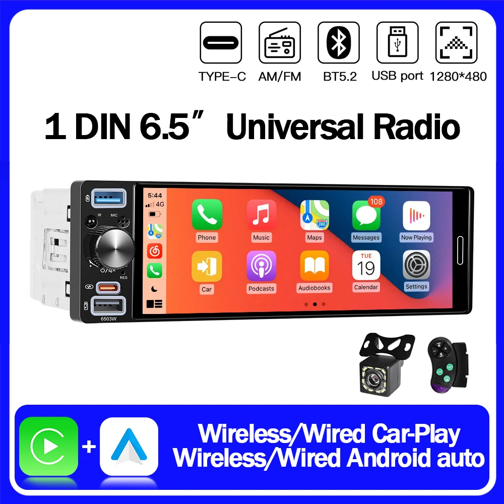 

6.5 Inch 1DIN Universal MP5 Car Radio Support FM/AM Wireless Carplay Android AUTO AUX IPS Touch Screen Multimedia Video Player