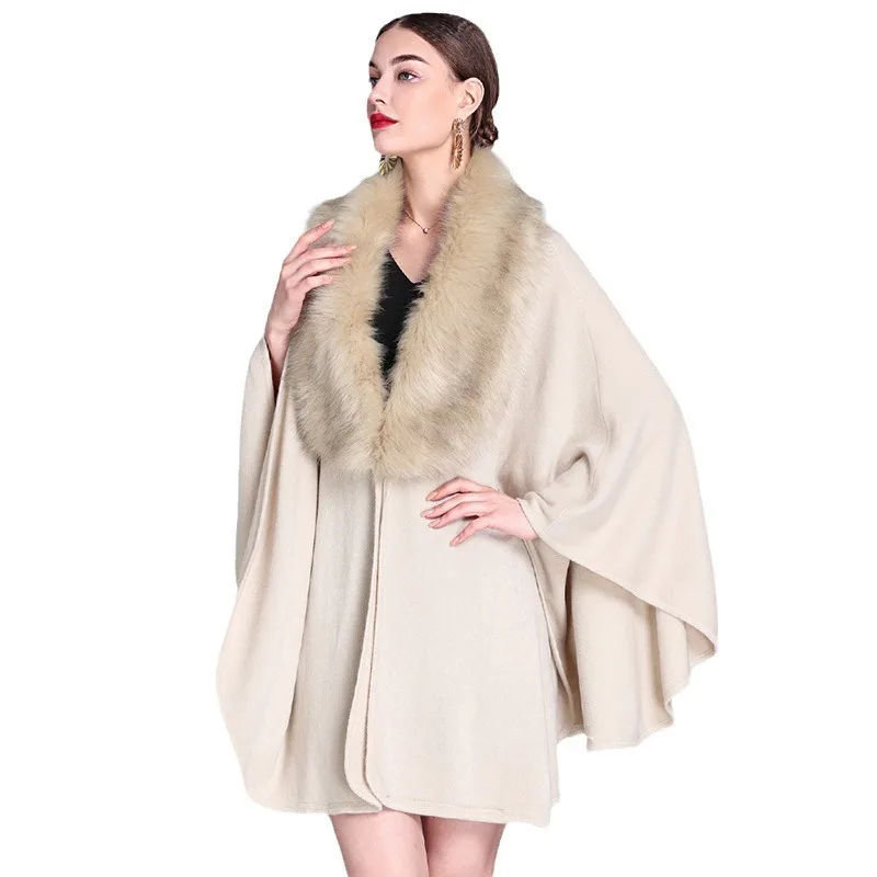 Autumn and Winter New Imitation Fox Fur Collar Shawl Cloak Medium Long Knitted Cardigan Plus Size Cloak Women Jacket
