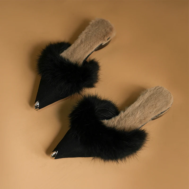 Pointed Toe Sexy Slippers Fur Chunky Shoes Suede Winter 2024 Fashion New Slingback Mules Short Boots Bedroom Female Zapatillas