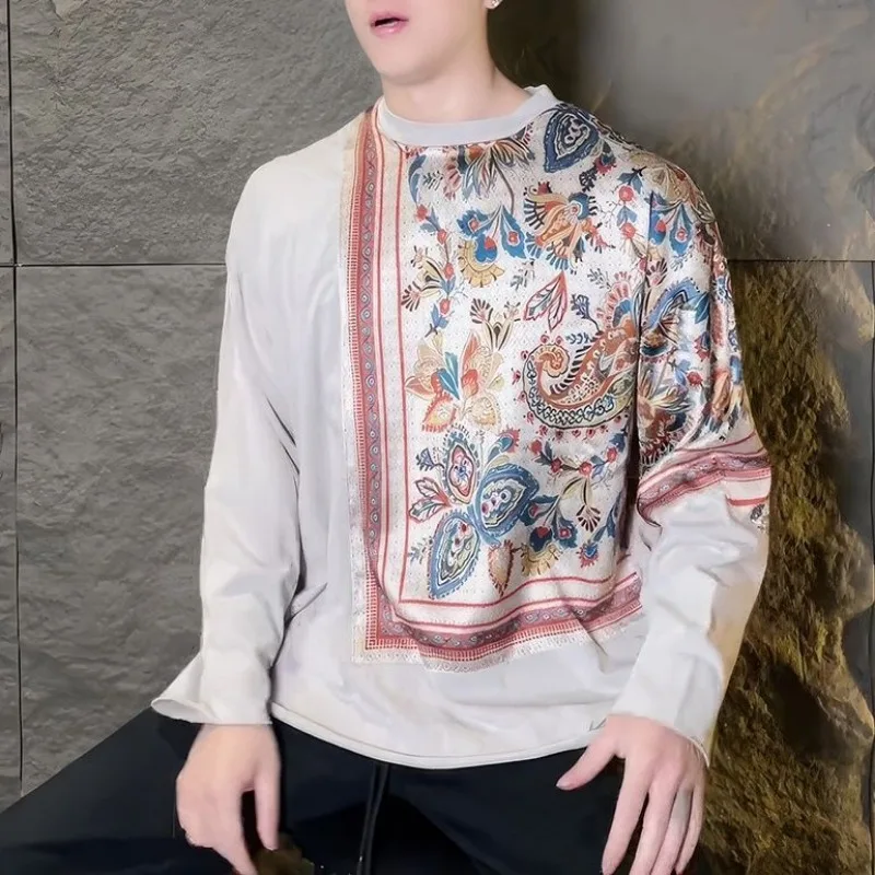 

Autumn Winter New Style Personalized Ethnic Style Long-sleeved T-shirt Men's Fashion Casual Versatile Round Neck Bottoming Shirt