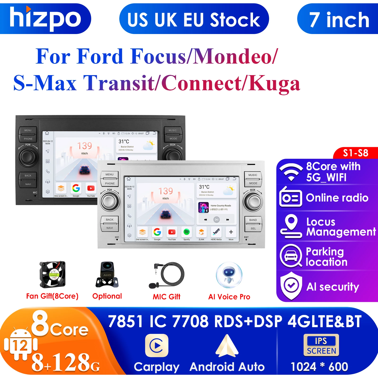 

Carplay 8G+128G 2din Android 13 Car Radio for Ford Mondeo S-max Focus C-MAX Galaxy Fiesta Transit Fusion Connect Kuga Multimedia