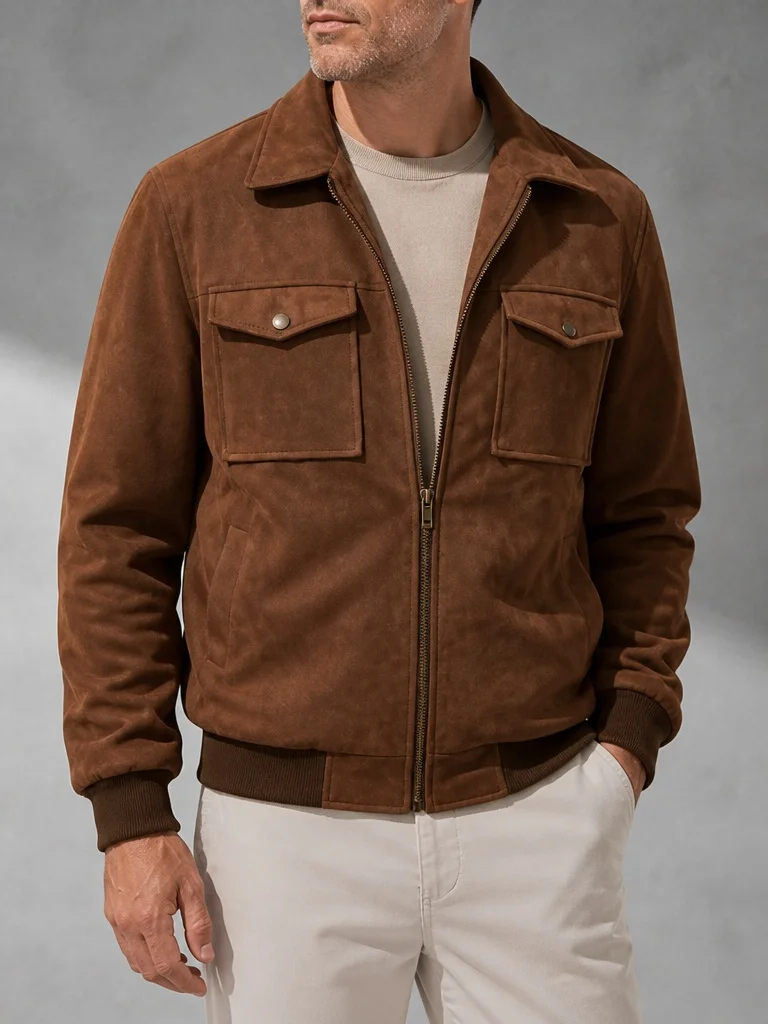 Men's Retro Brown Suede Leather Jacket Lapel Collar Zip Up Pocket Casual Motorcycle Coat for Autumn Winter Daily Streetwear