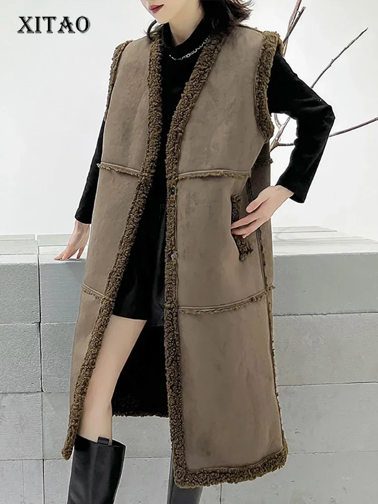 XITAO V-neck Patchwork Pocket Single Breasted Vests Solid Color Loose Casual Fashion Sleeveless Coat Winter All Match DMJ3474