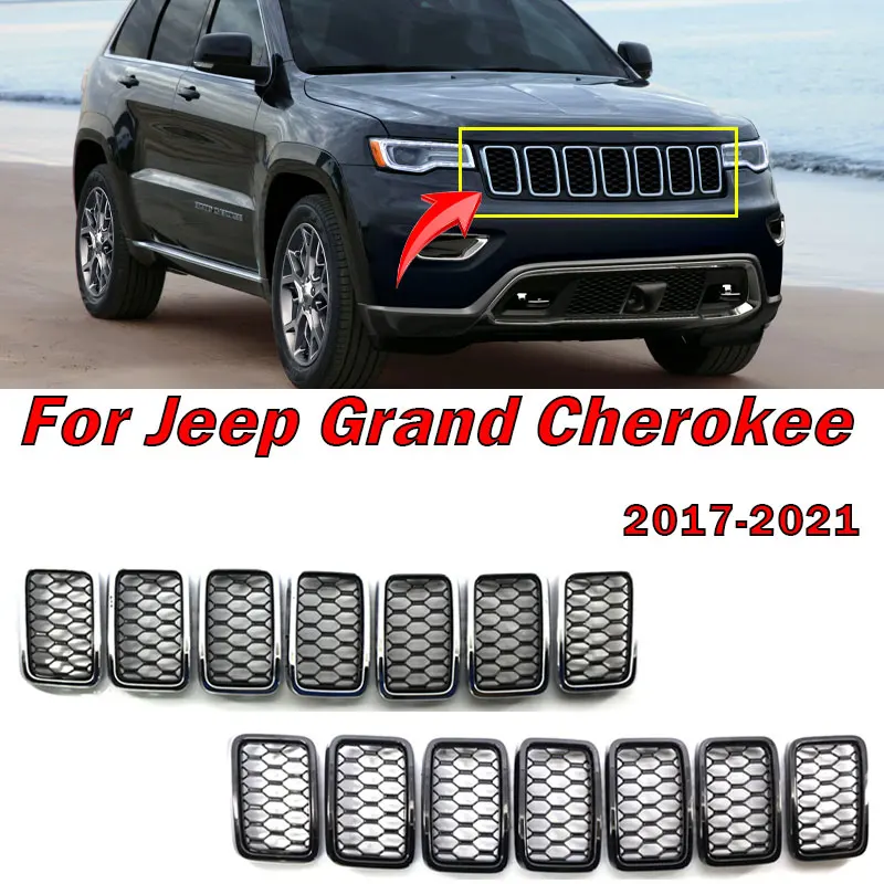 

7Pcs Car Accessories For Jeep Grand Cherokee 2017-2021 Front Grid Grille Bright Black Electroplating Auto Grille Frame ABS Trim